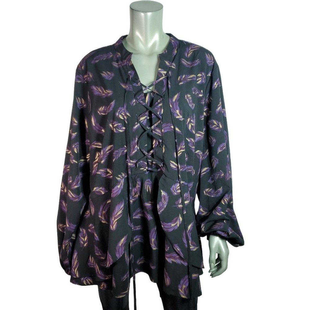 Lane Bryant Top Plus Sz 24 Feather Print Lace Up Zip Up Peplum Long Sleeve Black